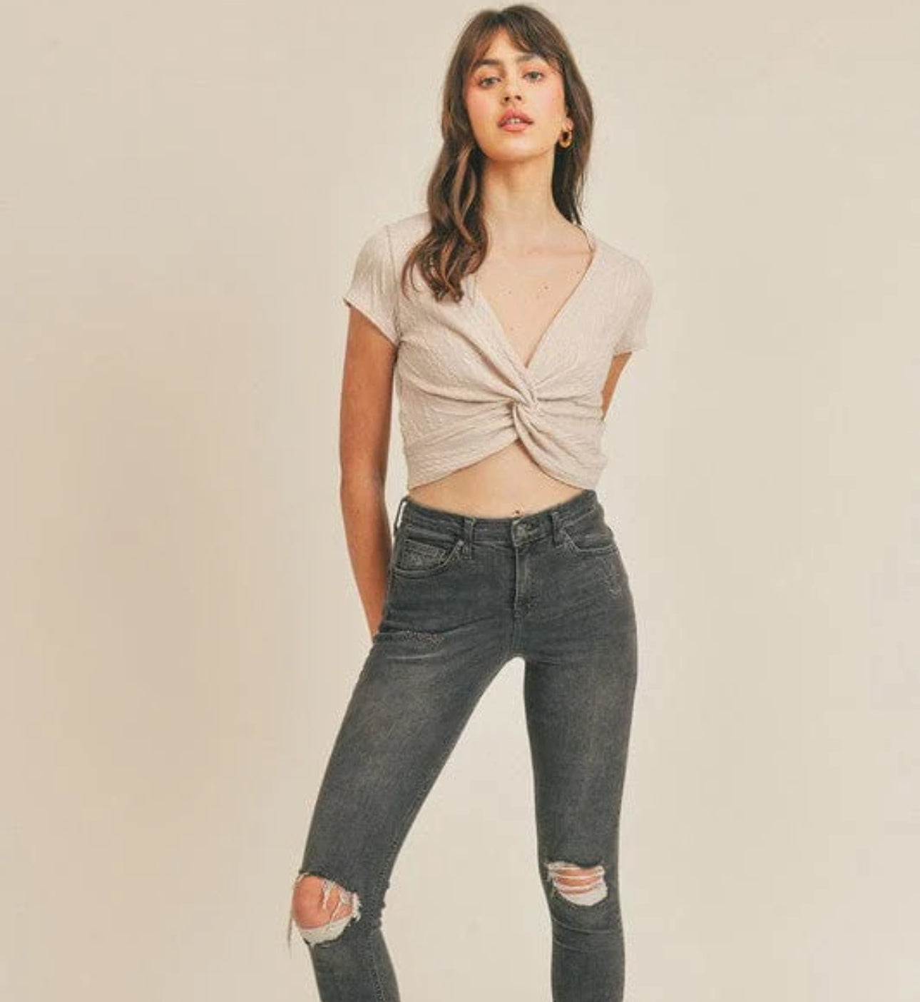 Cable Knit Front Twist Crop Top