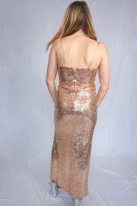 Rose Gold Sequin Cowl Neck Formal Dress