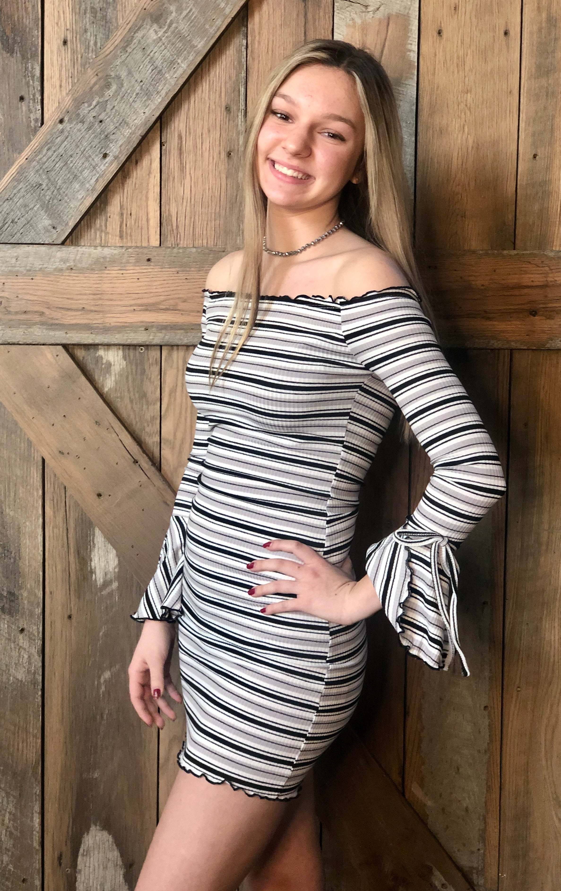 Grey Bell Sleeve Striped Dress