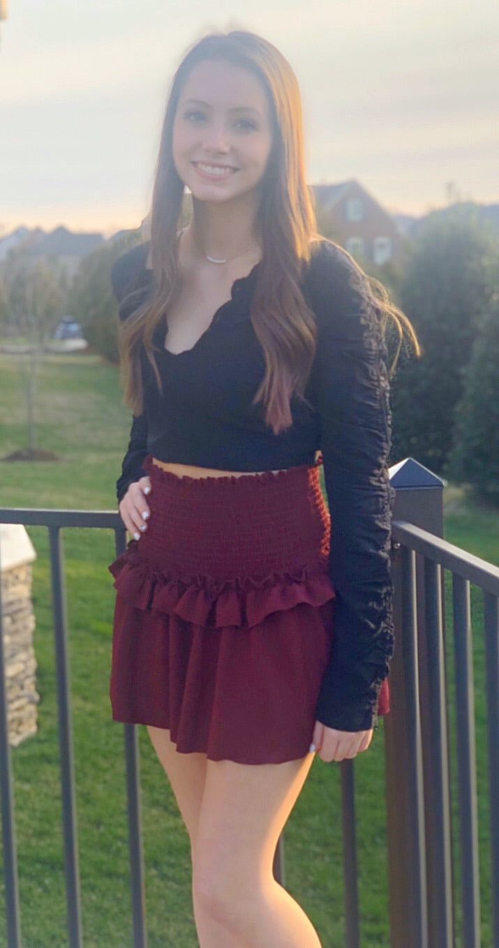 Black Shirring Deep V-Neck Crop