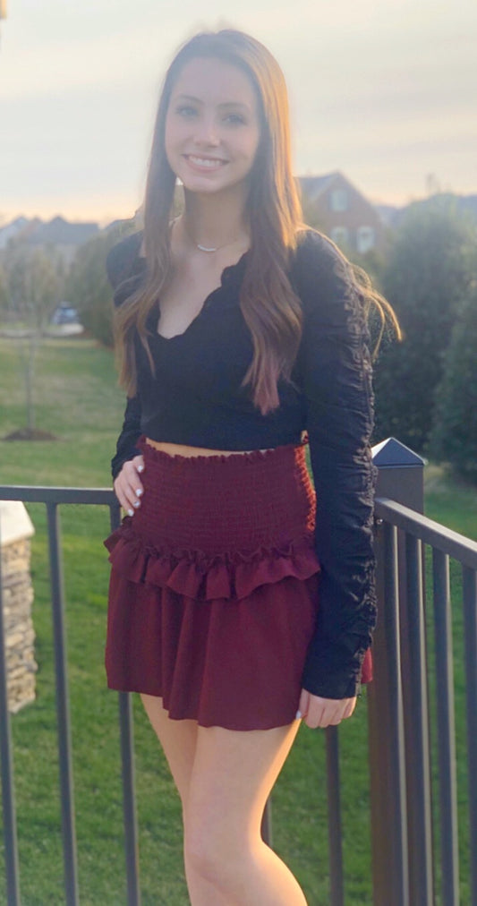 Black Shirring Deep V-Neck Crop